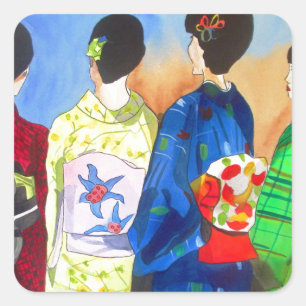 Adesivo Quadrado Arte Geisha Japonesa primavera kimono
