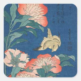 Adesivo Quadrado Arte Japonesa Hokusai Peônias e Canário
