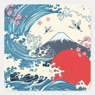 Adesivo Quadrado Arte Japonesa Retro da Grande Onda de Hokusai