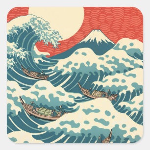 Adesivo Quadrado Arte Japonesa Retro da Grande Onda de Hokusai