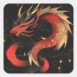 Adesivo Quadrado Arte Majestosa Vermelha e Dourada do Dragão Chinês