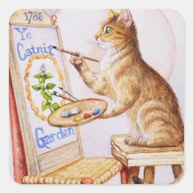 Adesivo Quadrado Arte Marrom Tabby Artista Cat Pintura Watercolor (Frente)