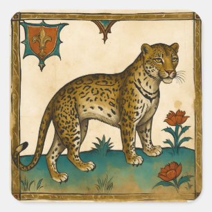 Adesivo Quadrado Arte Medieval do Leopardo com Flores Vermelhas