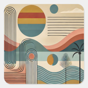 Adesivo Quadrado Arte Moderna de Meados do Século Pôr do Sol na Pra