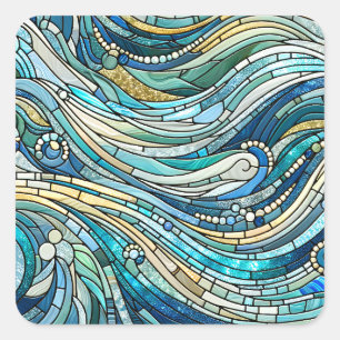 Adesivo Quadrado Arte Mosaico Azul Turquesa Mar de Ondas