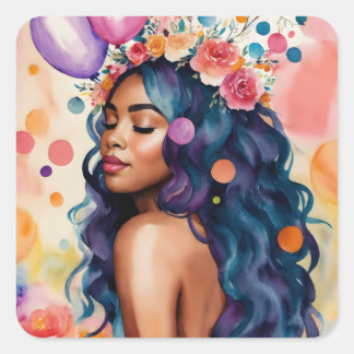 Adesivo Quadrado Arte Multicolor de Mulher Negra Linda Festa