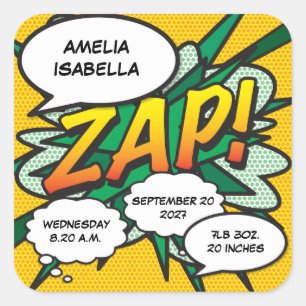 Adesivo Quadrado Arte Pop de Quadrinhos Nascimento Estatísticas Per