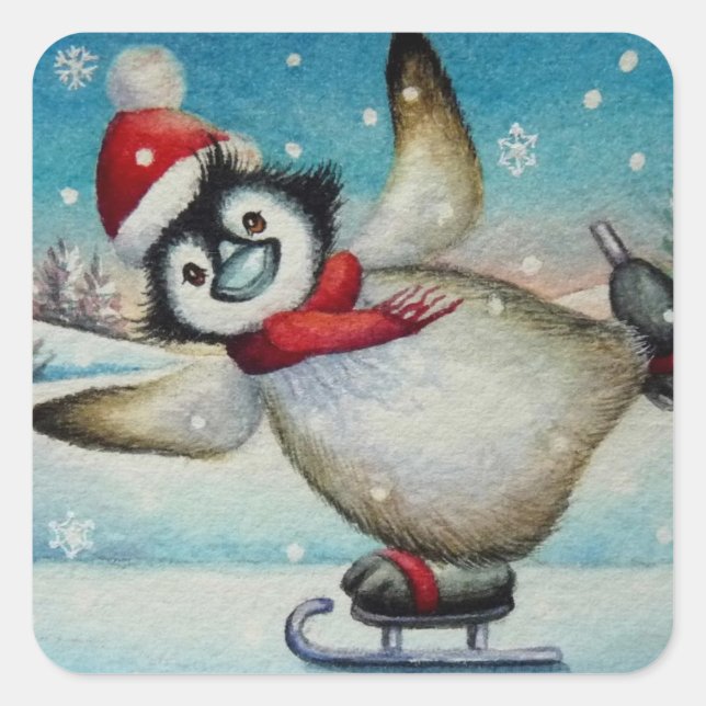 Adesivo Quadrado Arte Por Aquarela De Pinguim-Cerrado (Frente)