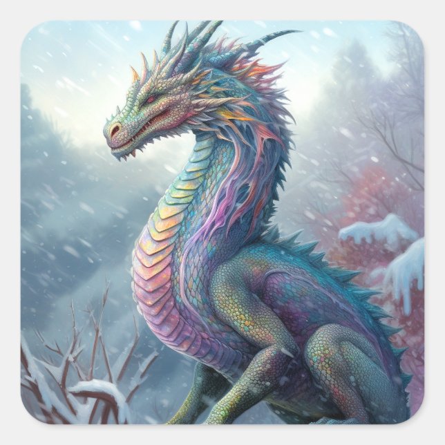 Adesivo Quadrado Arte Rainbow Dragon Na Fantasia Da Neve (Frente)