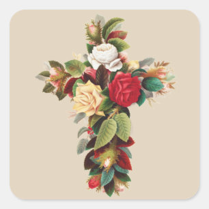 Adesivo Quadrado Arte Religiosa Cruz Botânica Antiga de Rosas