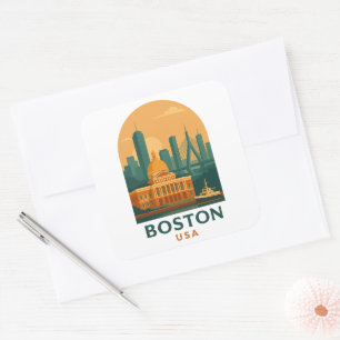 Adesivo Quadrado Arte Retro da Cidade de Boston EUA Viagem – Arte U