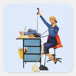 Adesivo Quadrado Arte Retro de Mulher Trabalhadora em Escritório Vi