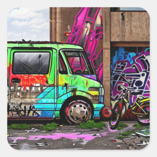 Adesivo Quadrado Arte Urbana Abandonada de Van e Grafite de Bike