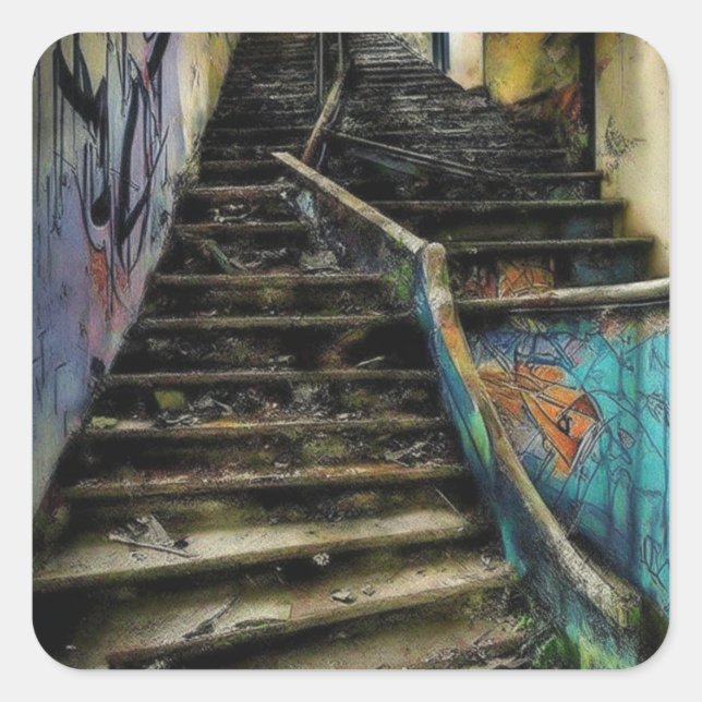 Adesivo Quadrado Arte Urbana em Escadas Abandonadas (Frente)