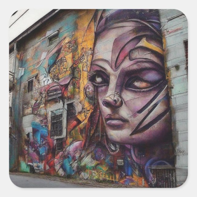 Adesivo Quadrado Arte Urbana sobre Edifício Abandonado (Frente)