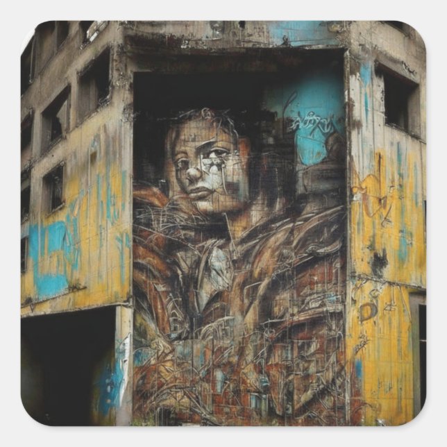 Adesivo Quadrado Arte Urbana sobre Edifício Abandonado (Frente)