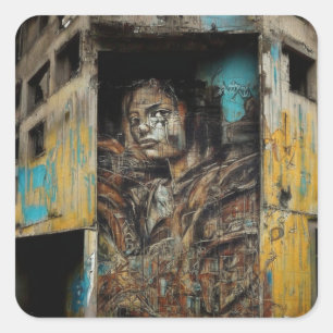Adesivo Quadrado Arte Urbana sobre Edifício Abandonado