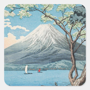 Adesivo Quadrado Arte Vintage do Monte Fuji e Lago Yamanaka Japonês