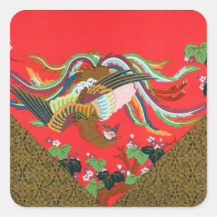 Adesivo Quadrado Arte Vintage do Pássaro Fênix Japonês Vermelho G.A