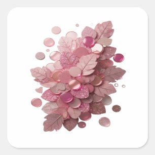 Adesivo Quadrado Artesanato de Folhas Rosa Fresco e Botões Reluzent