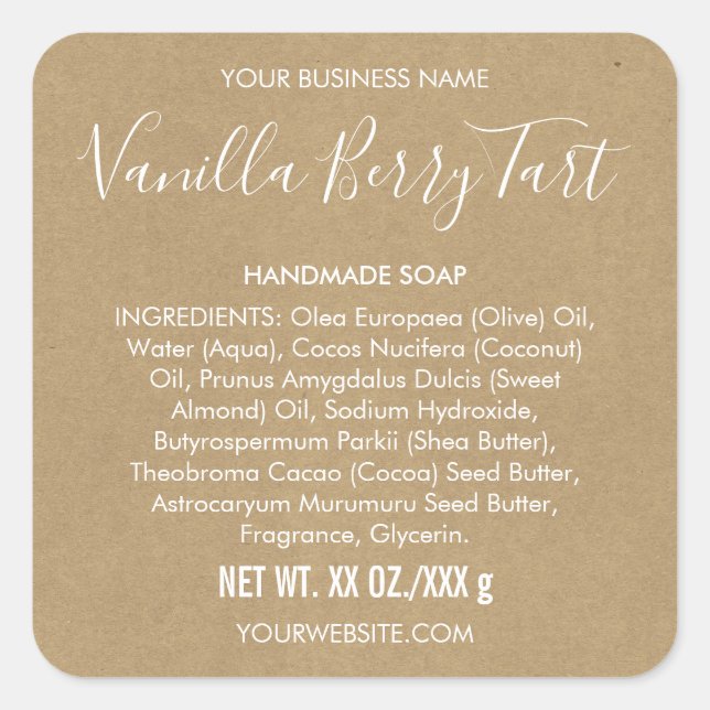 Adesivo Quadrado Artisan Soap Kraft Paper Look Ingredientes Label (Frente)