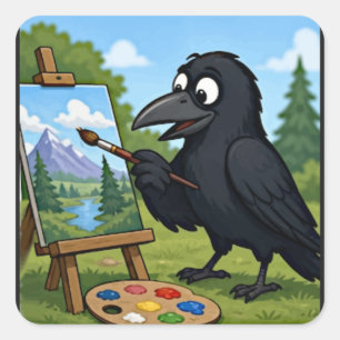 Adesivo Quadrado Artista Divertido Corvo Pintando Arte Paisagem