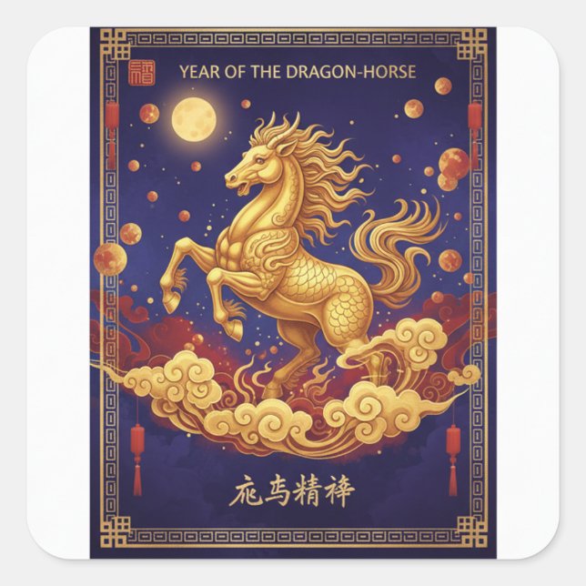 Adesivo Quadrado Artistic Dragon-Horse 2026 Lunar New Year Card (Frente)