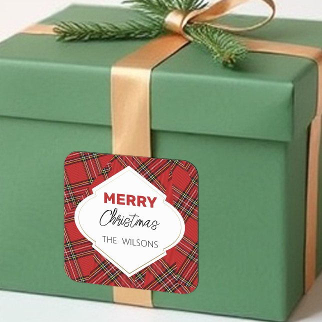 Adesivo Quadrado Artístico Feliz Natal Tartan Burgundy (Criador carregado)