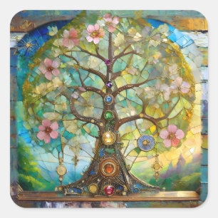 Adesivo Quadrado Árvore Da Vida Em Flor Dos 7 Chakras