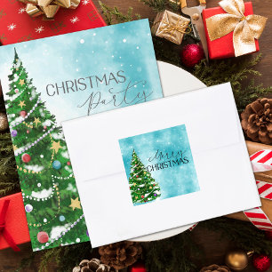 Adesivo Quadrado Árvore de Aquarela Azul Envelope de Natal Merry