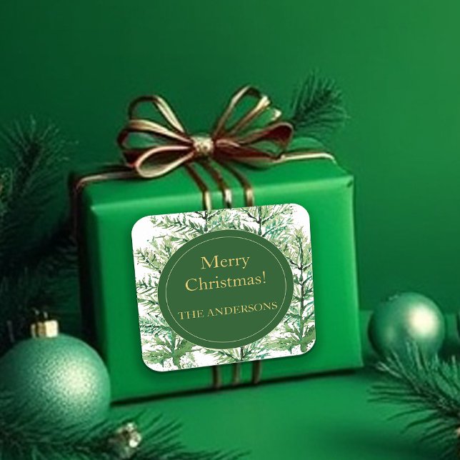 Adesivo Quadrado Árvore de Aquarela de Natal Merry personalizada (Criador carregado)