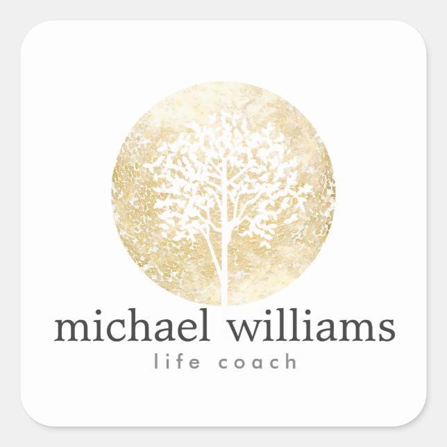 Adesivo Quadrado Árvore de Aquarela do ouro (Frente)