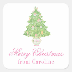 Adesivo Quadrado Árvore de gengibre rosa-aquarela e verde de natal