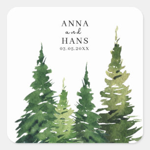 Adesivo Quadrado Árvore de Natal Aquarela Casamento Festivo
