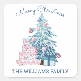 Adesivo Quadrado Árvore de Natal Azul e Bonita Feliz Natal