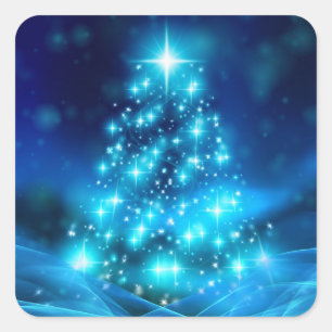 Adesivo Quadrado Árvore de Natal Azul Moderna com Luzes