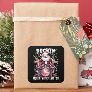 Adesivo Quadrado Árvore de Natal Baterista do Papai Noel Rockeiro