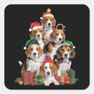 Adesivo Quadrado Árvore de Natal Beagle Com Chapéu de Papai Noel Mã