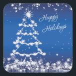 Adesivo Quadrado Árvore de Natal branca, flocos de neve, estrelas e<br><div class="desc">Árvore de Natal branca,  flocos de neve e estrelas sobre o adesivo azul de feriados felizes</div>