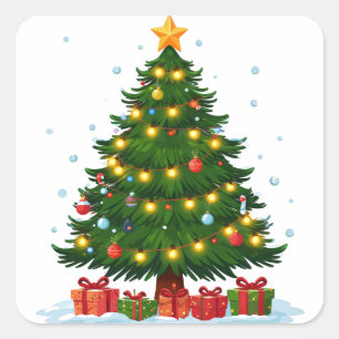 Adesivo Quadrado Árvore de Natal Brilhante Com Presentes Vermelhos