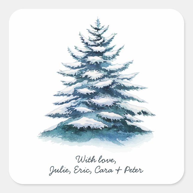 Adesivo Quadrado Árvore de Natal coberta por neve (Frente)