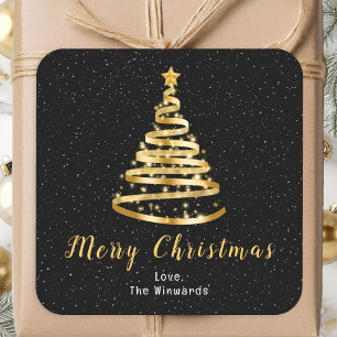 Adesivo Quadrado Árvore de Natal com Fita Dourada e Preta Feliz Nat