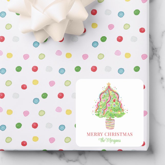 Adesivo Quadrado Árvore de Natal Confetti de Aquarela (Criador carregado)