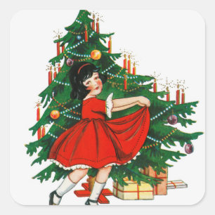 Adesivo Quadrado Árvore de Natal da Vintage Girl Dancing
