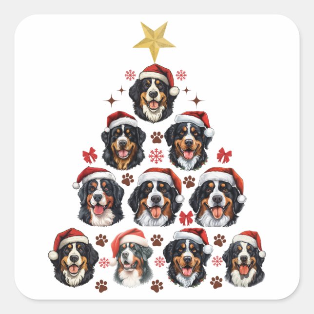 Adesivo Quadrado Árvore de Natal de Cachorro Bernês, Xmas Berner (Frente)