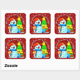 Adesivo Quadrado Árvore de Natal de Snowman apresenta texto de ano