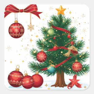 Adesivo Quadrado Árvore de Natal Decorada Com Enfeites Vermelhos