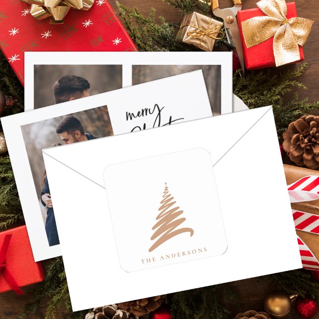 Adesivo Quadrado Árvore de Natal Dourada de Nome Mínimo Elegante (Criador carregado)