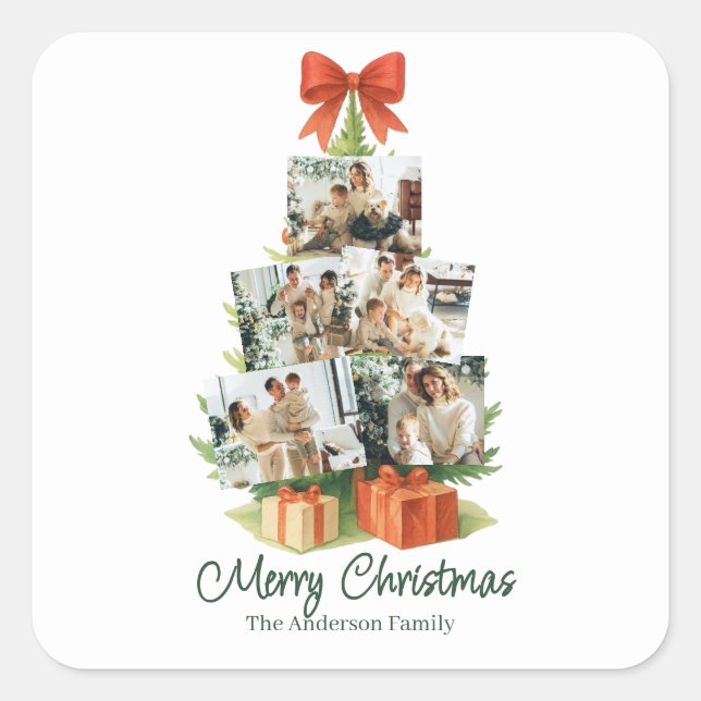 Adesivo Quadrado Árvore de Natal Elegante com Laço Vermelho e Prese (Frente)