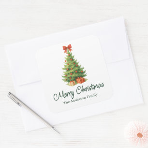 Adesivo Quadrado Árvore de Natal Elegante com Laço Vermelho & Prese